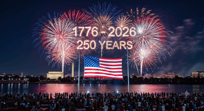 Independence Day 2026 fireworks over an American flag marking America's 250th anniversary