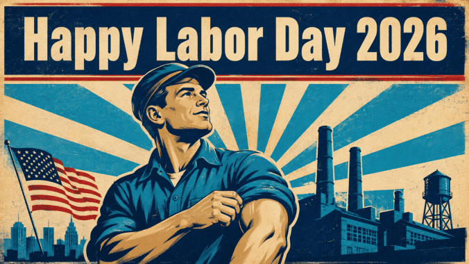 Happy Labor Day 2026 vintage poster of an American worker rolling up his sleeve with a factory and flag